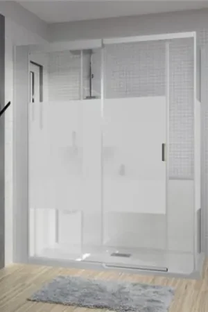 Acheter Direct Kinemagic Design haute mécanique en angle porte coulissante verre bande centrale dépolie 160/177 x 69/86 cm